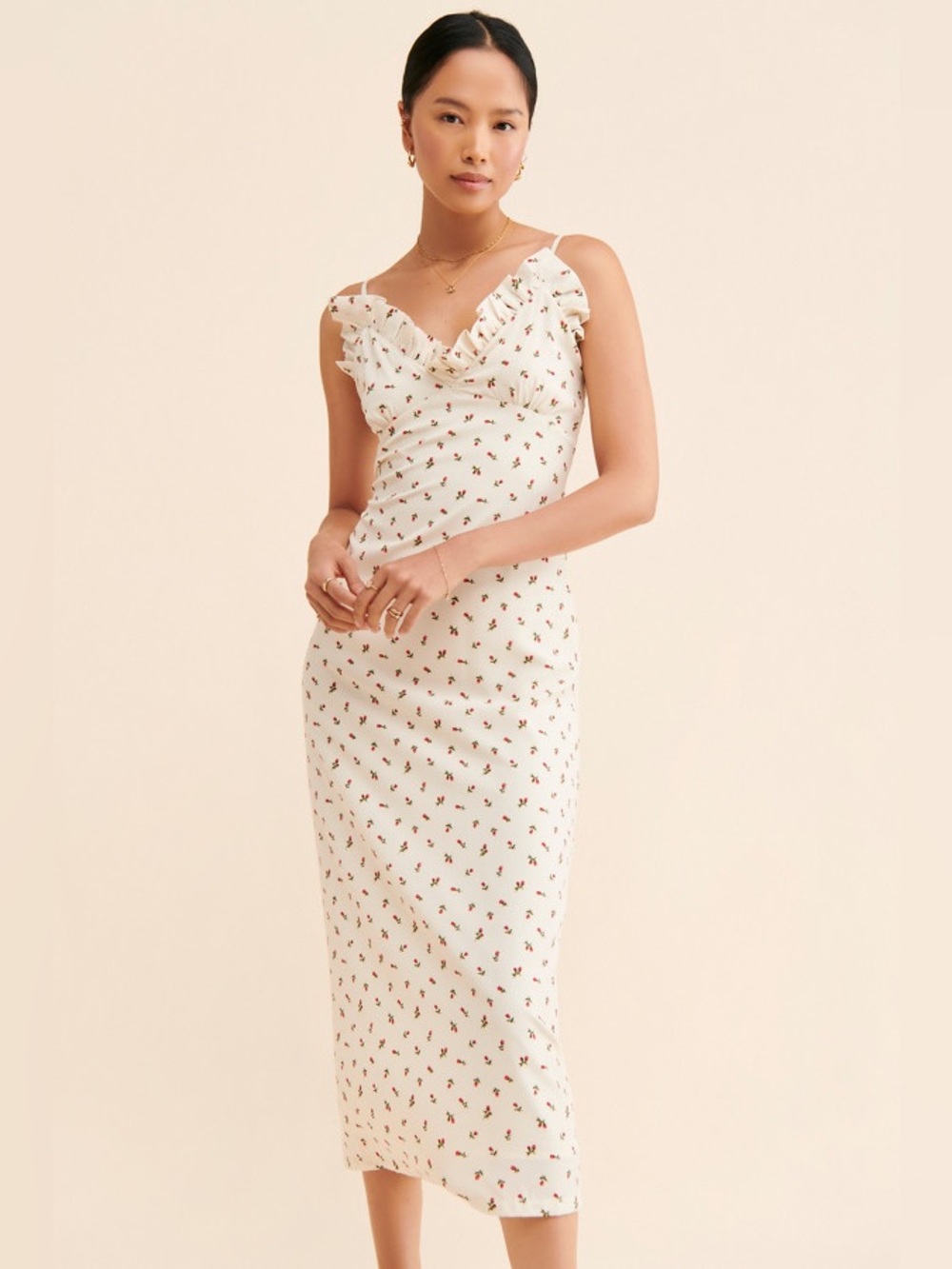 Sister Jane M Cream Floral Ruffle-Trim Midi Dress